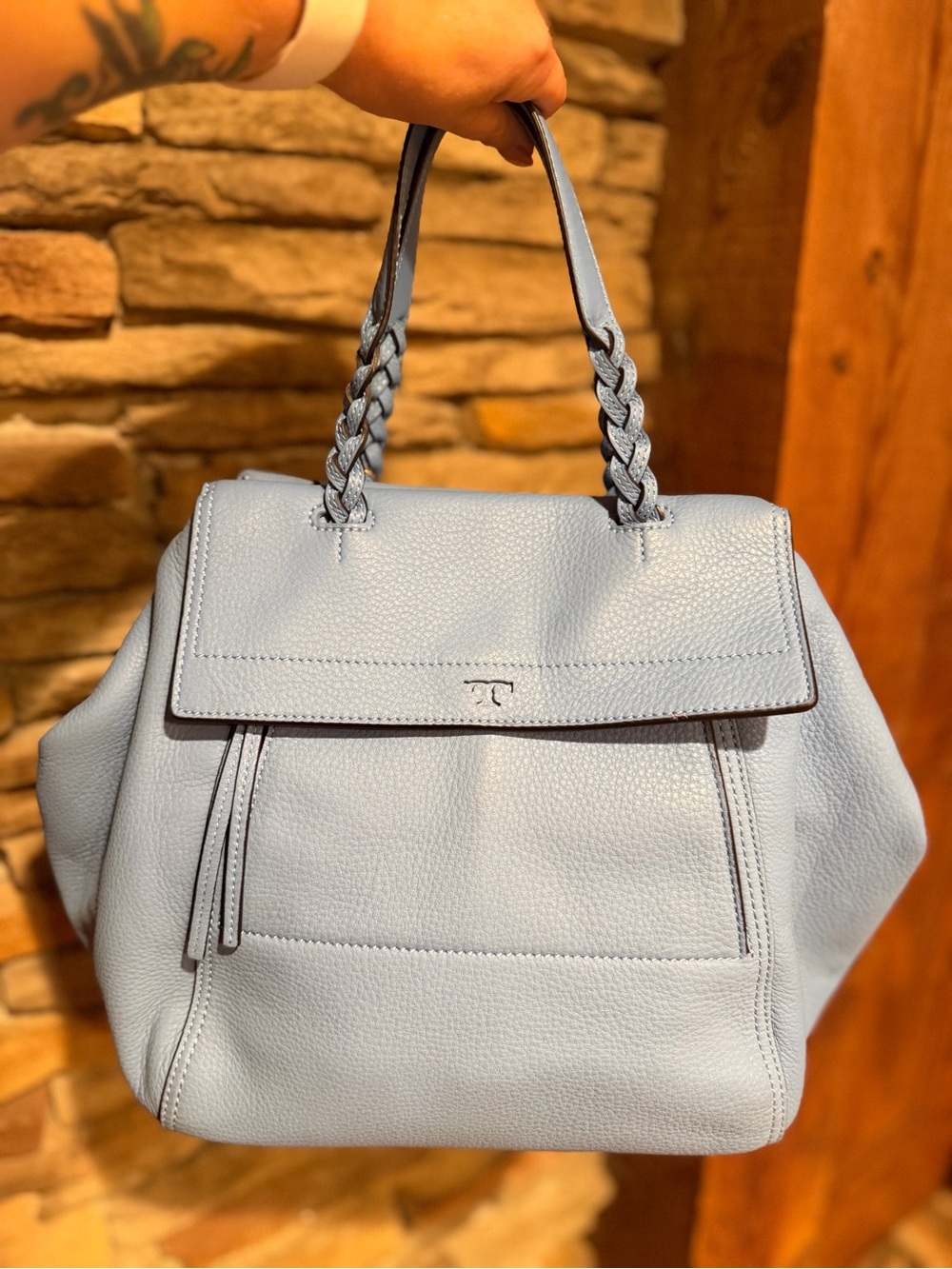 Tory Burch Half Moon LG Baby Blue Braided-Handle Shoulder Bag Detachable Strap